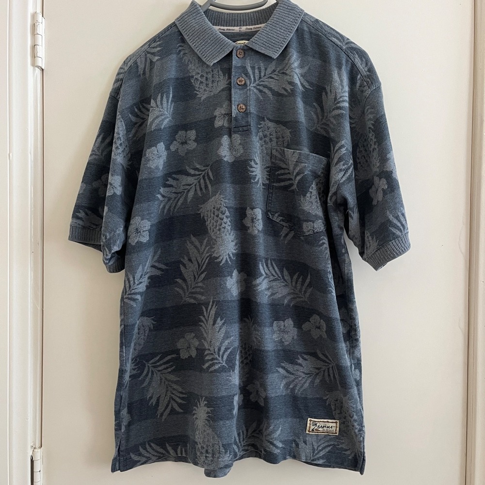 Tommy Bahama Pineapple Palms Polo Shirt Medium Cotton Wood Buttons Resort Travel